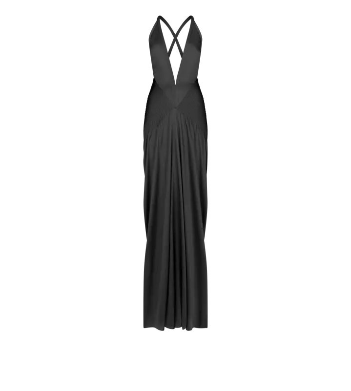 HALTERNECK DEEP V-NECK EVENING DRESS WITH SIDE SLITS BLACK online